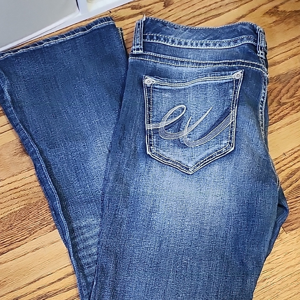 Express Blue Boot Cut Jeans with Distressed Detailing